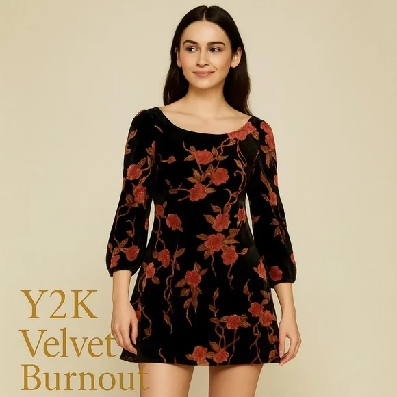 JESSICA HOWARD Black Velvet Burnout Floral‎ Balloon Sleeve Dress 90s Y2K 12 - Picture 16 of 16